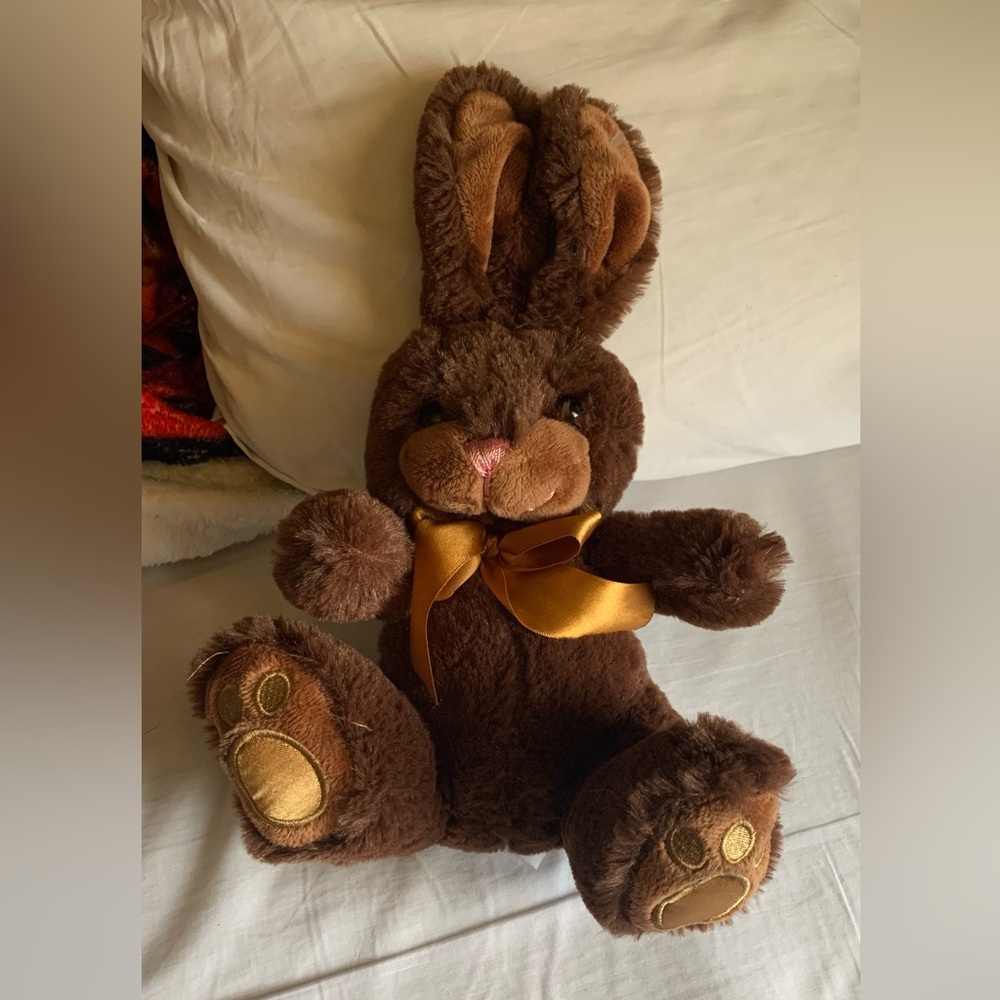 Brown Plush Bunny with Gold Bow - Soft Kids Stuffed Animal